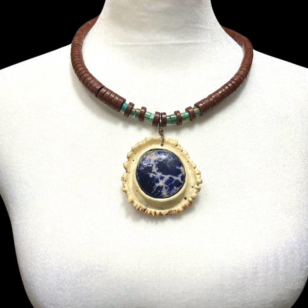 VINTAGE Navajo Clay Bead Heishi Turquoise & Sodalite Deer Antler Necklace